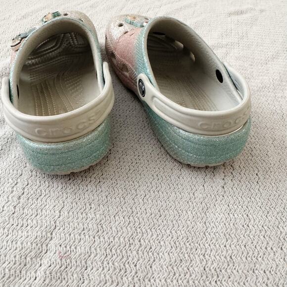 Crocs Pink, Blue, Silver Sparkle Shoes with Disney Jibbitz - Size J1 - Picture 5 of 7